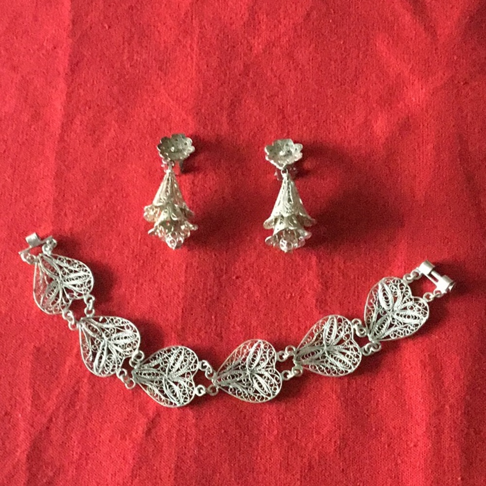 Vintage sterling filigree bracelet and earrings